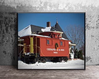 Vagón de cola del ferrocarril de Chesapeake con nieve y corona, foto de South Lyon, Michigan, parque McHattie, arte mural, foto de tren, regalo para un aficionado al ferrocarril