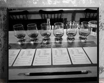 Weller Bourbon Tasting Menu and Glasses, Black White Bar Art, Ready to Hang Canvas or Metal Photo Print, Masculine Wall Art, Distillery Art