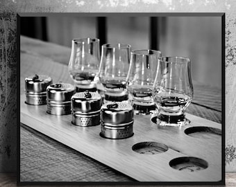 Bourbon Tasting Glasses at Kentucky Distillery, Bourbon Canvas Art, Whiskey Print on Metal, Bar Decor, 16x20 Black and White Bourbon Art