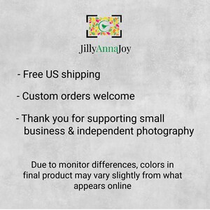text that provides information about a business, specifically Jilly Anna Joy, and their shipping and photography services. It mentions that free US shipping is offered, custom orders are welcome, and customers should thank the business for supporting small business and independent photography. The text also mentions that due to monitoring differences, colors in the final product may vary slightly from what appears online.
