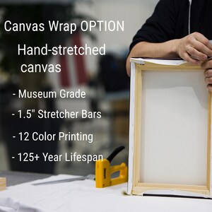 A person is holding a hand-stretched canvas, which is a painting option for a museum grade canvas. The canvas is described as having 1.5' stretcher bars and 12 color printing. The canvas is also described as having a lifespan of 125 years or more.