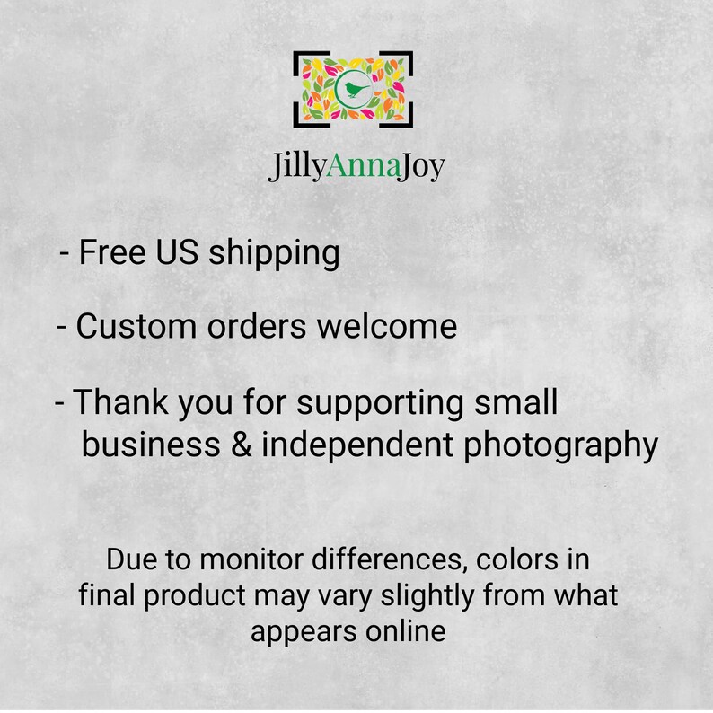 text that provides information about a business, specifically Jilly Anna Joy, and their shipping and photography services. It mentions that free US shipping is offered, custom orders are welcome, and customers should thank the business for supporting small business and independent photography. The text also mentions that due to monitoring differences, colors in the final product may vary slightly from what appears online.