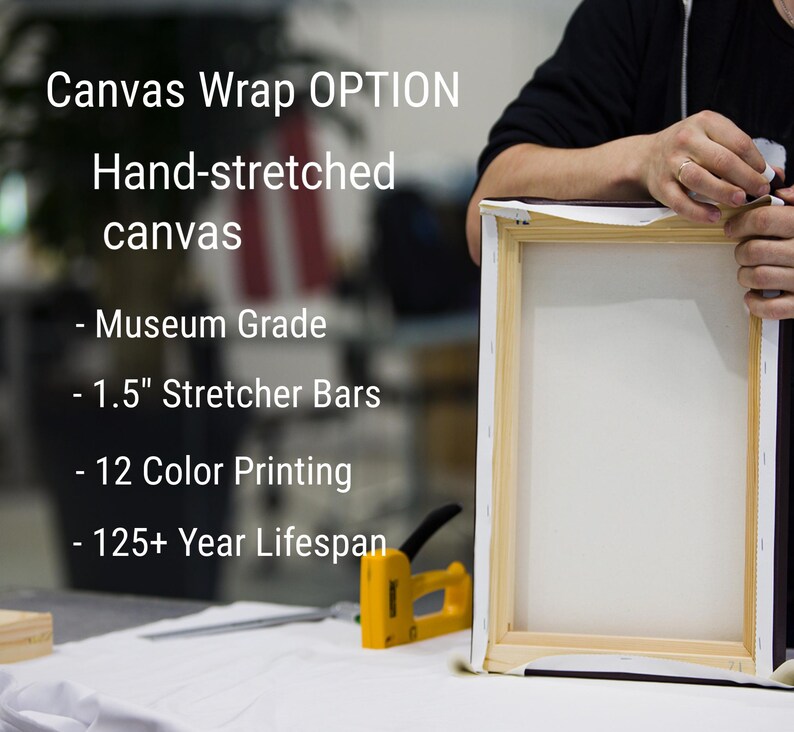 A person is holding a hand-stretched canvas, which is a painting option for a museum grade canvas. The canvas is described as having 1.5' stretcher bars and 12 color printing. The canvas is also described as having a lifespan of 125 years or more.