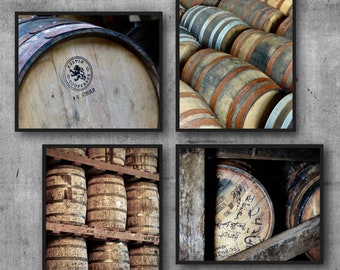 Set of Four Bourbon Barrel Prints, Masculine Wall Art Decor, Discounted Sets, Man Cave Decor, Whiskey Canvas Wraps, Speakeasy Bar Decor