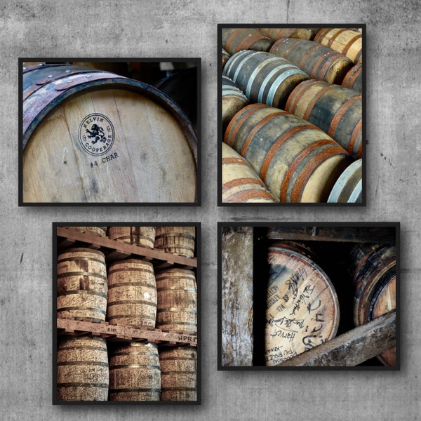 Set of Four Bourbon Barrel Prints, Masculine Wall Art Decor, Discounted Sets, Man Cave Decor, Whiskey Canvas Wraps, Speakeasy Bar Decor