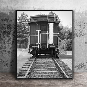 Railroad Tracks, Vintage Caboose, Black and White, Railroad Photo Art, Man Cave Decor, Train Gift, Chesapeake Ohio, Caboose on Tracks, Train