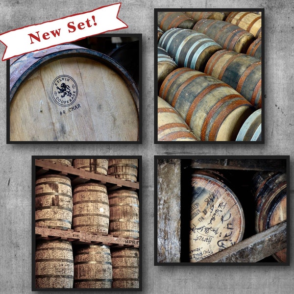 Bourbon Barrels Bar Art Print Set, Masculine Wall Art Decor, Discounted Sets, Man Cave Decor, Whiskey Canvas Wraps, Speakeasy Decor