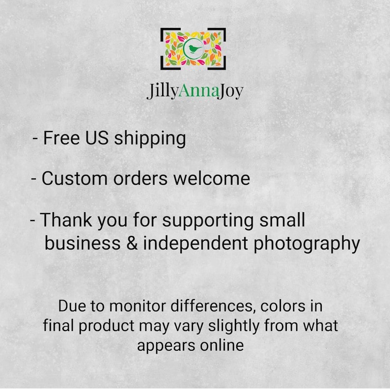 text that provides information about a business, specifically Jilly Anna Joy, and their shipping and photography services. It mentions that free US shipping is offered, custom orders are welcome, and customers should thank the business for supporting small business and independent photography. The text also mentions that due to monitoring differences, colors in the final product may vary slightly from what appears online.