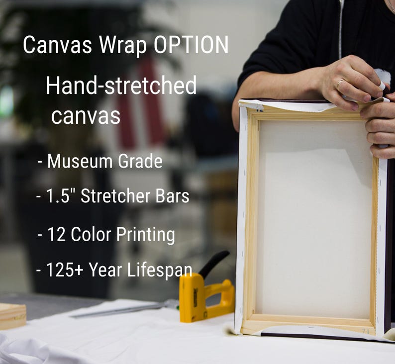 A person is holding a hand-stretched canvas, which is a painting option for a museum grade canvas. The canvas is described as having 1.5' stretcher bars and 12 color printing. The canvas is also described as having a lifespan of 125 years or more.