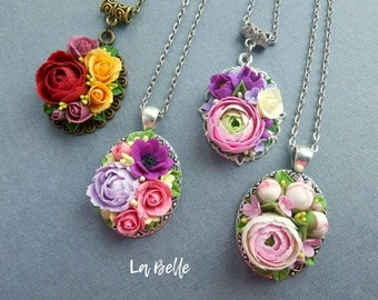 Teal with Pink Needlepoint Flowers Polymer Clay Necklace and Earrings Set