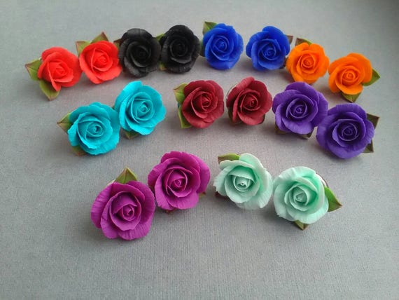 Rose Stud Earrings  Polymer Clay Flowers  Handmade Jewelry  Rose Petal Studs  Various Colors