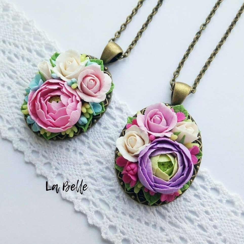 Pendant with polymer clay flower Bordeaux flower Necklace | Etsy