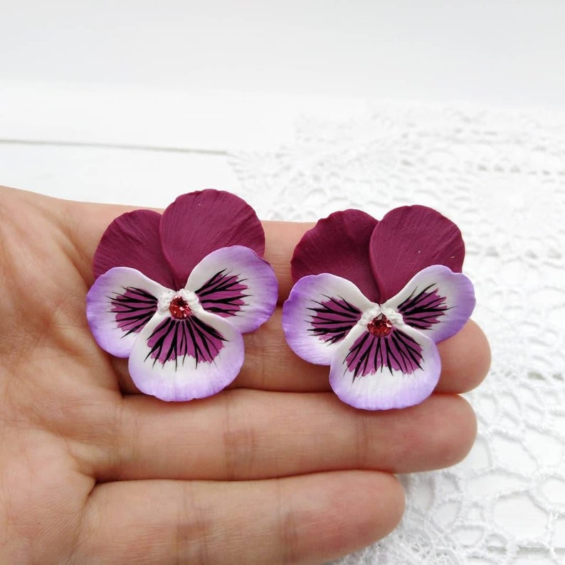 Stud Earring Pansie polymer clay Pansy jewelry summer flower Etsy