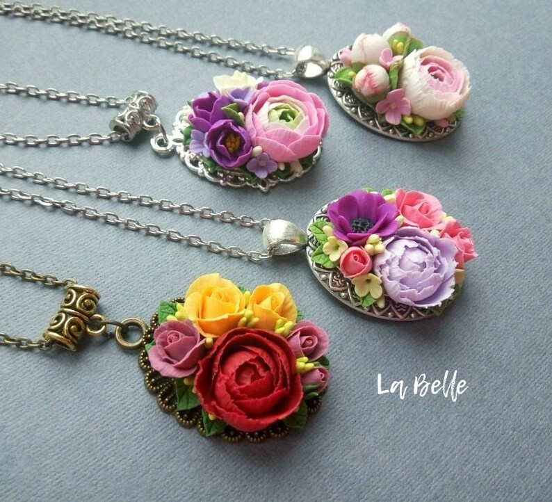 Pendant with polymer clay flower Bordeaux flower Necklace image 4