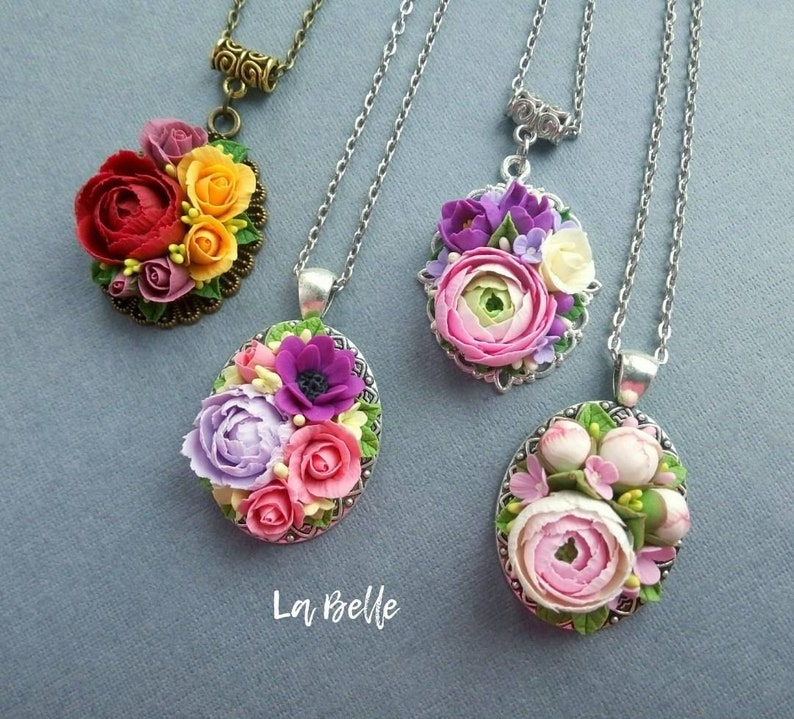 Pendant with polymer clay flower Bordeaux flower Necklace image 0