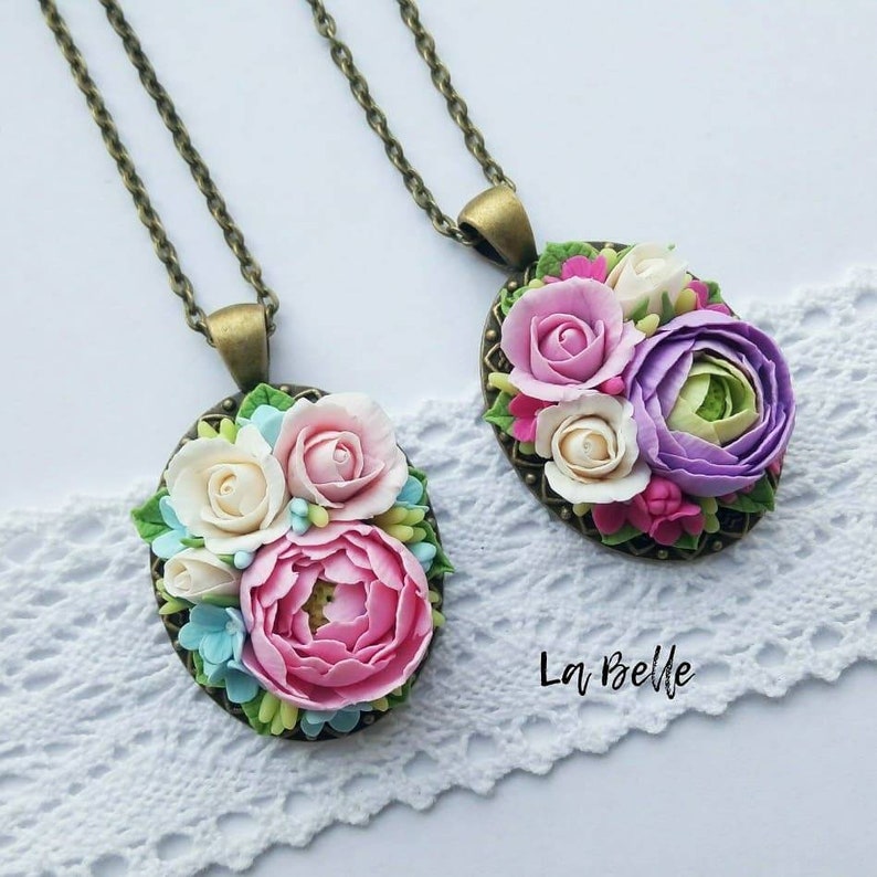 Pendant with polymer clay flower Bordeaux flower Necklace image 1