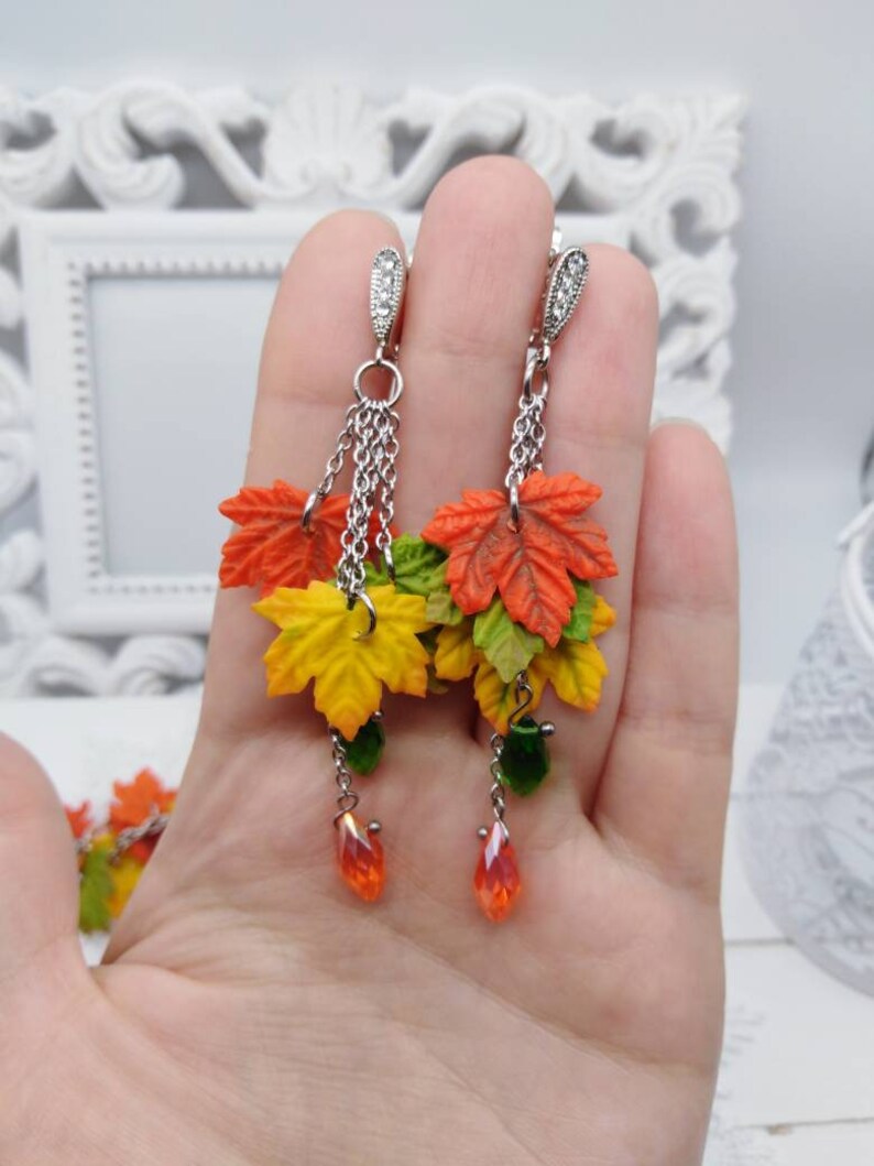 maple leaves jewelry with leaves Polymer clay jewelry autumn leaves Set Earrings and bracelet with autumn leaves bright jewelry