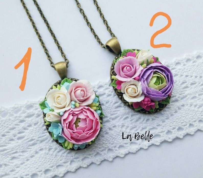 Pendant with polymer clay flower Bordeaux flower Necklace image 2