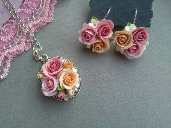 A delicate set with rose earring and pendant made of polymer | Etsy