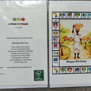 May include: A colourful birthday card featuring a woman carrying a basket of fruit on her head. The card has a border of flags representing different Caribbean islands. The text "Happy Birthday" is printed in blue letters on the card.
