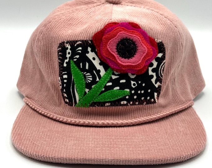 Red Poppy, Pink Corduroy Flat Bill Trucker Hat