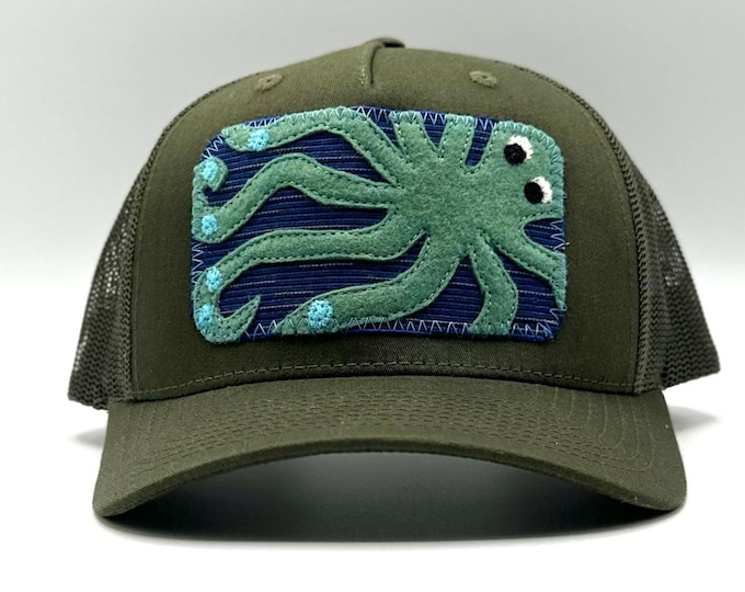 Blue  Octopus, Green Baseball Hat / Trucker Hat