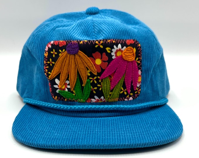 Flower Garden Blue Corduroy Flat Bill Baseball Hat / Trucker Hat
