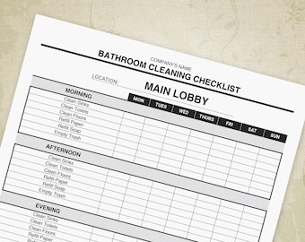 Formulário para impressão da lista de verificação de limpeza do banheiro, programação de limpeza do banheiro, gráfico de arquivo digital, download instantâneo, modelo personalizado editável, ccl002