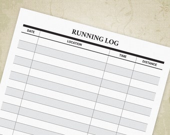 May include: A printable running log with columns for date, location, time, and distance. The log is designed for tracking running workouts.