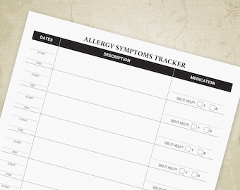 Allergy Symptoms Tracker Printable, Allergic Form, Food, Pet, and Allergies Log, Medical Planner, Digital File, Instant Download, alt001