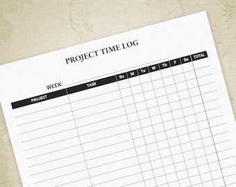 Project Time Log Printable, Weekly Hours Tracker, Minutes Form, Business Management Task, Digital File Chart, Instant Download, tms004