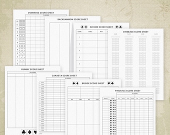 Card Game Scoring Sheets Printable Digital Download, Pinochle, Euchre, Dominoes, Cribbage, Canasta, Rummy, Bridge, Backgammon Score, gam011