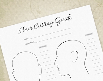 Hair Cutting Guide Printable Form, Clipper Sizes, Guard Chart, Hairstyle Log, Head Drawing, Digital File Chart, Instant Download, bea001