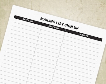 Mailing List Sign Up Sheet, Basic Address Tracker Printable for Clipboard, Snail Mail List Log, Digital File Chart, Instant Download, msu001