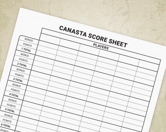 Canasta Game Score Sheets, Printable, Digital Download Chart, gam010