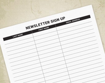 Newsletter Sign Up Printable Form, Email List Sheet, Customer Signup, Business Planner, Planner, Digital File, Instant Download, nsu001