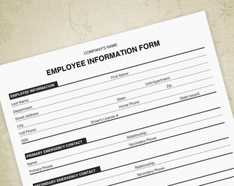 Employee Information Printable Form, New Hire Sheet, Digital File, Instant Download, Custom Editable Title, ecf002