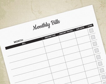 Monthly Bill Tracker Printable Sheet, Track Finances, Bills Form, Bill Planner, Bill Organizer, Digital File Chart, Instant Download, mbt001