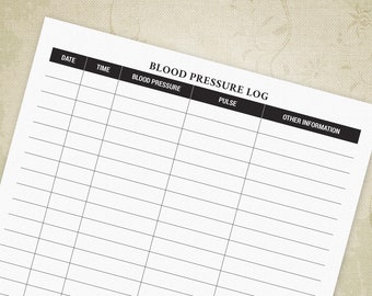 Blood Pressure Log, Printable Form for Patients, Simple BP Tracker, Medical Diary Planner, Digital File Chart, Instant Download, bpl001