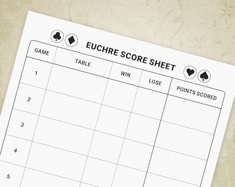 Euchre Game Score Sheets, Printable, Digital Download Chart, gam008