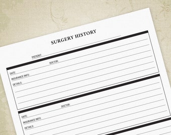 Surgery History Printable Form for Patients, Doctor Visit Records, Health Insurance, Out-patient Notes, Instant Download, Digital, med002