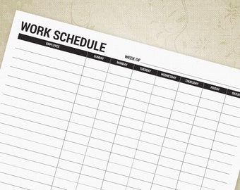Employee Work Schedule Printable Form, Simple Landscape Staff Hours, Job Time List, Weekly, Daily, Digital File, Instant Download, ews007