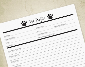 Pet Profile Printable for Pet Owners & Businesses, Dog Info File Insert, Animal Forms, Care Document, Digital File, Instant Download, ppf001