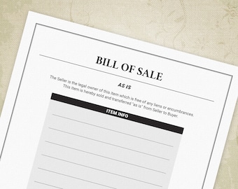 Blank Bill of Sale Printable, Proof of Purchase for Car, Vehicle, Boat, Trailer, ATV, Receipt Slip, Digital File, Instant Download, rec007