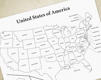 Afdrukbare kaart van de VS, tekening Verenigde Staten van Amerika, Cha Ching, Staten en hoofdsteden, digitaal bestand, Instant Download, map001