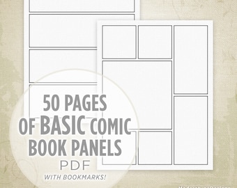 May include: Two black and white comic book panel templates. The first template has three horizontal panels. The second template has six panels in a grid layout. The text on the image reads "50 PAGES OF BASIC COMIC BOOK PANELS PDF WITH BOOKMARKS!"