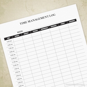May include: A black and white printable time management log with a grid layout. The log includes columns for each day of the week, from Sunday to Saturday, and rows for each hour of the day, from 5:00 AM to 6:00 PM.