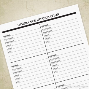 Hoja de seguimiento de información de seguros imprimible, automóvil, hogar, vida, odontología, salud, inundaciones, gráfico de archivo digital, descarga instantánea, ins001