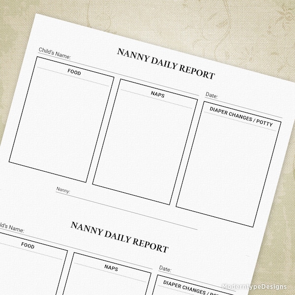 Nanny Daily Report Printable for Young Child, Baby Schedule Log, Infant Routine List, Digital Download Chart, drf003