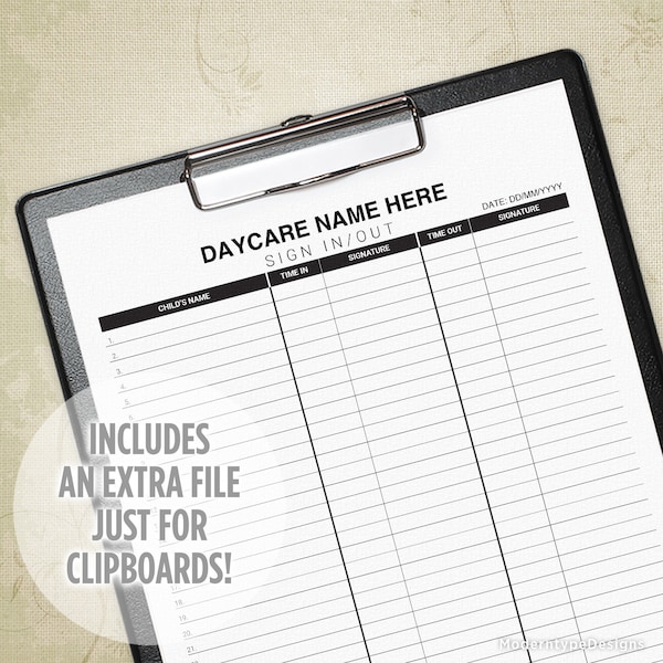 Daycare Sign In and Out Printable Form, Parent Sign-in Sheet, Day Care, Digital File, Instant Download, Custom Editable Name, dyc001